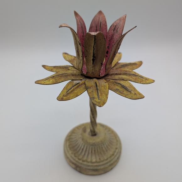 None Other - Vintage Tole Aged Yellow and Pink Metal Flower Candle Holder